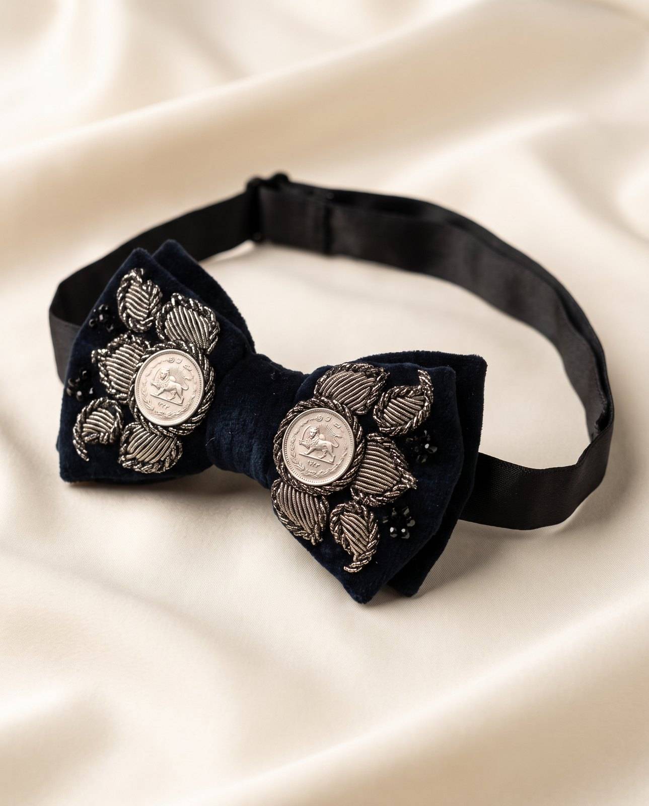Black Double Lion & Sun Persian Coin Bow Tie – Silver Sermeh Embroidery | Handmade Velvet