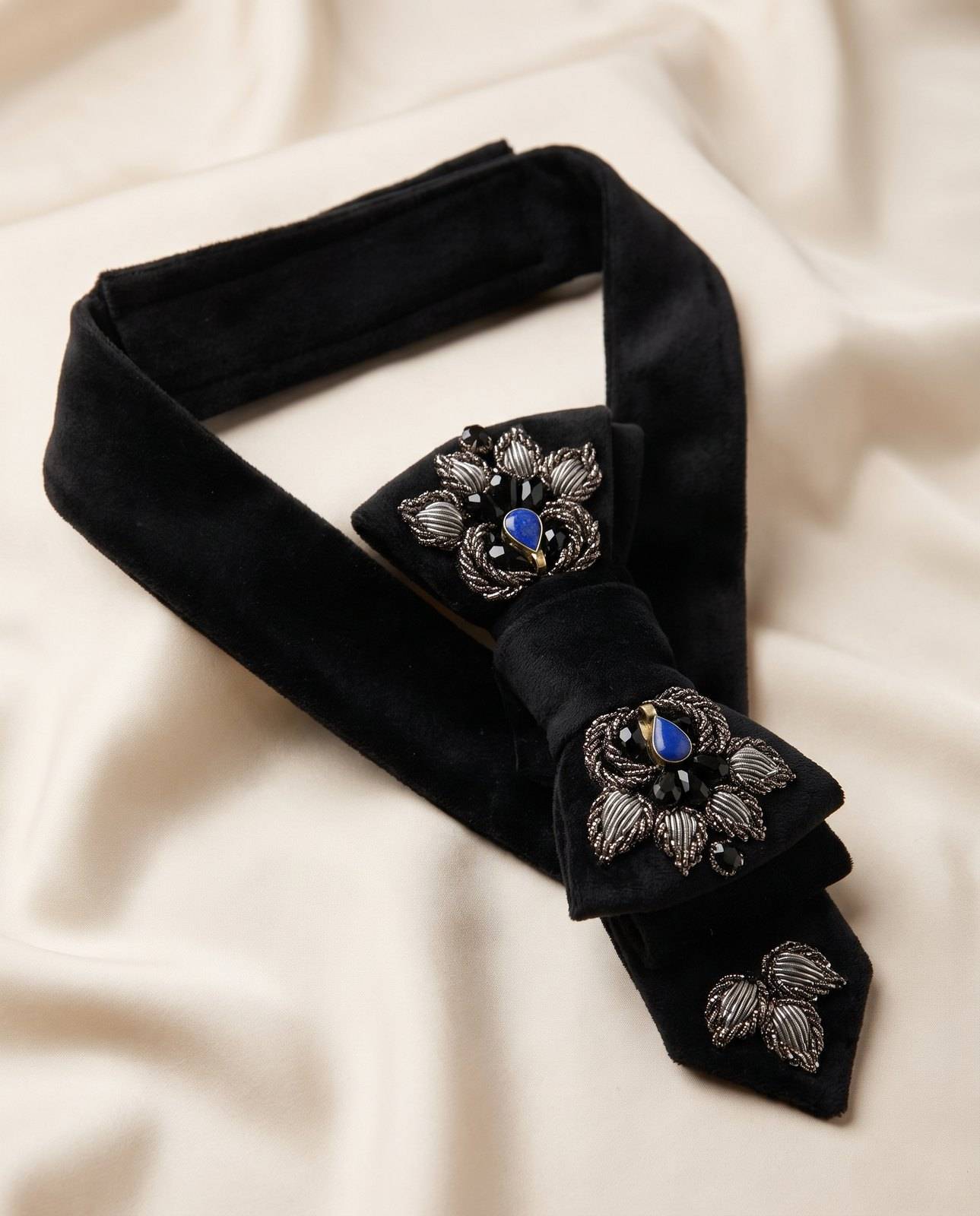Black Sultan Bow Tie – Silver Sermeh Embroidery & Lapis Lazuli | Handmade Velvet