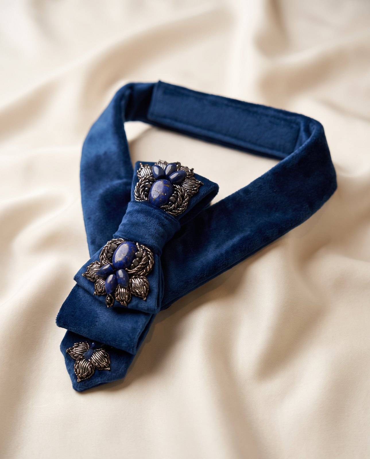 Royal Blue Sultan Bow Tie – Silver Sermeh Embroidery, Lapis Lazuli & Blue Aghigh | Handmade Velvet