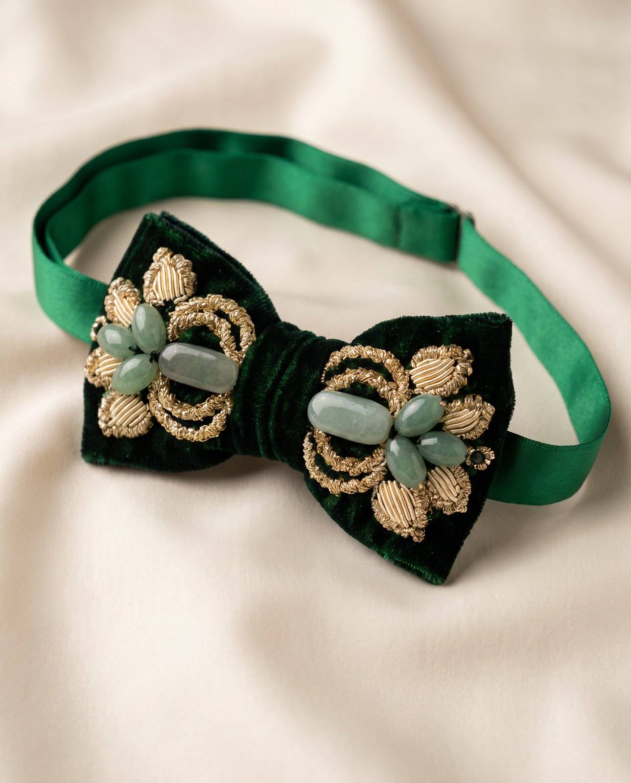 Royal Green Nader Bow Tie – Gold Sermeh Embroidery, Aventurine & Green Serpentine